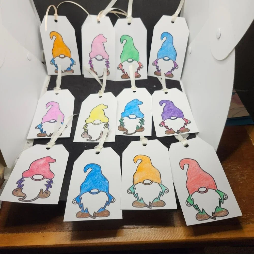 Hand Crafted Colorful Gnome Gift Tags Thank You Cards Set of 12